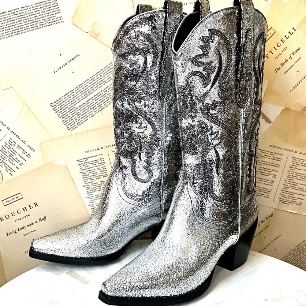 Free People Jeffrey Campbell Dagget Western Boot Silver Crackle Leather - Picture 7 of 10